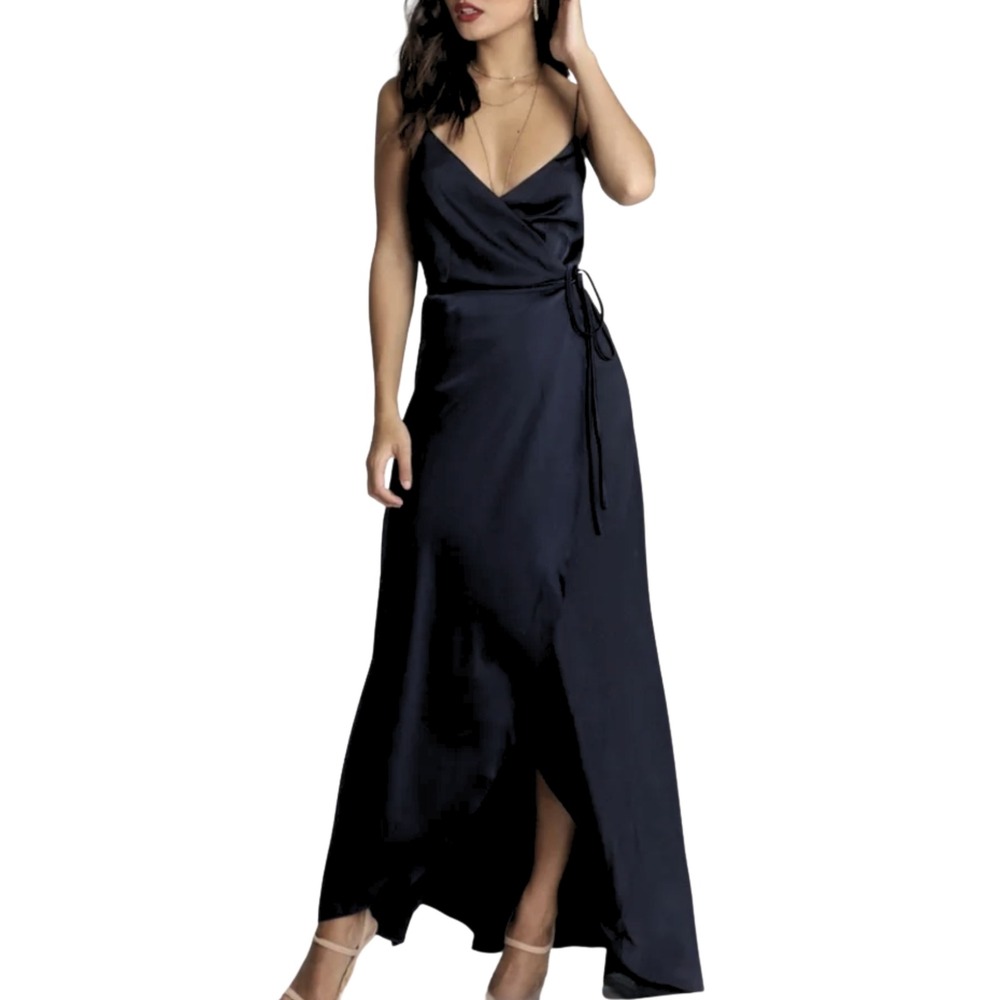 Showpo Black Satin Wrap High-Low Maxi Dress Size 6 V-Neck Formal Party Witchy